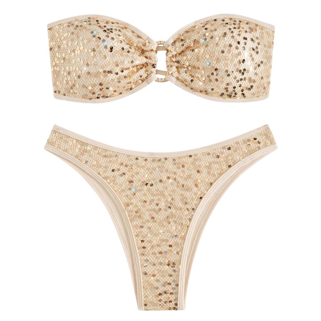 Two Piece Women's Sequins Bikini Sets O-Ring -color Sexy Strapless Bikini