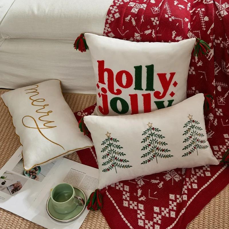 Christmas Tree Embroidery Pillowcase Merry Christmas Cushion Cover Sofa Headboard Waist Pillowcase Holiday Decoration