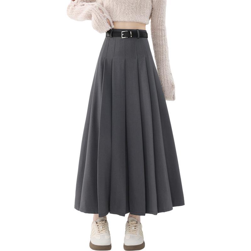 Women's Autumn/Winter High Waist Slimming Pleated Skirt with Belt - Elegant Mid-Length Swing Skirt
