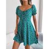 VEZFAA Damenmode Sommer Frühling Blumenmuster Druck Kurzarm Quadratischer Kragen Hohe Taille Freizeitkleider
