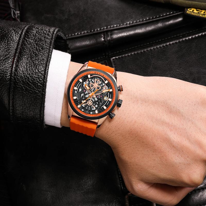 MEGIR Luxury Quartz Watch Men Waterproof Round Hollow Dial Wristwatch with Chronograph Silicone Strap Luminous Hands