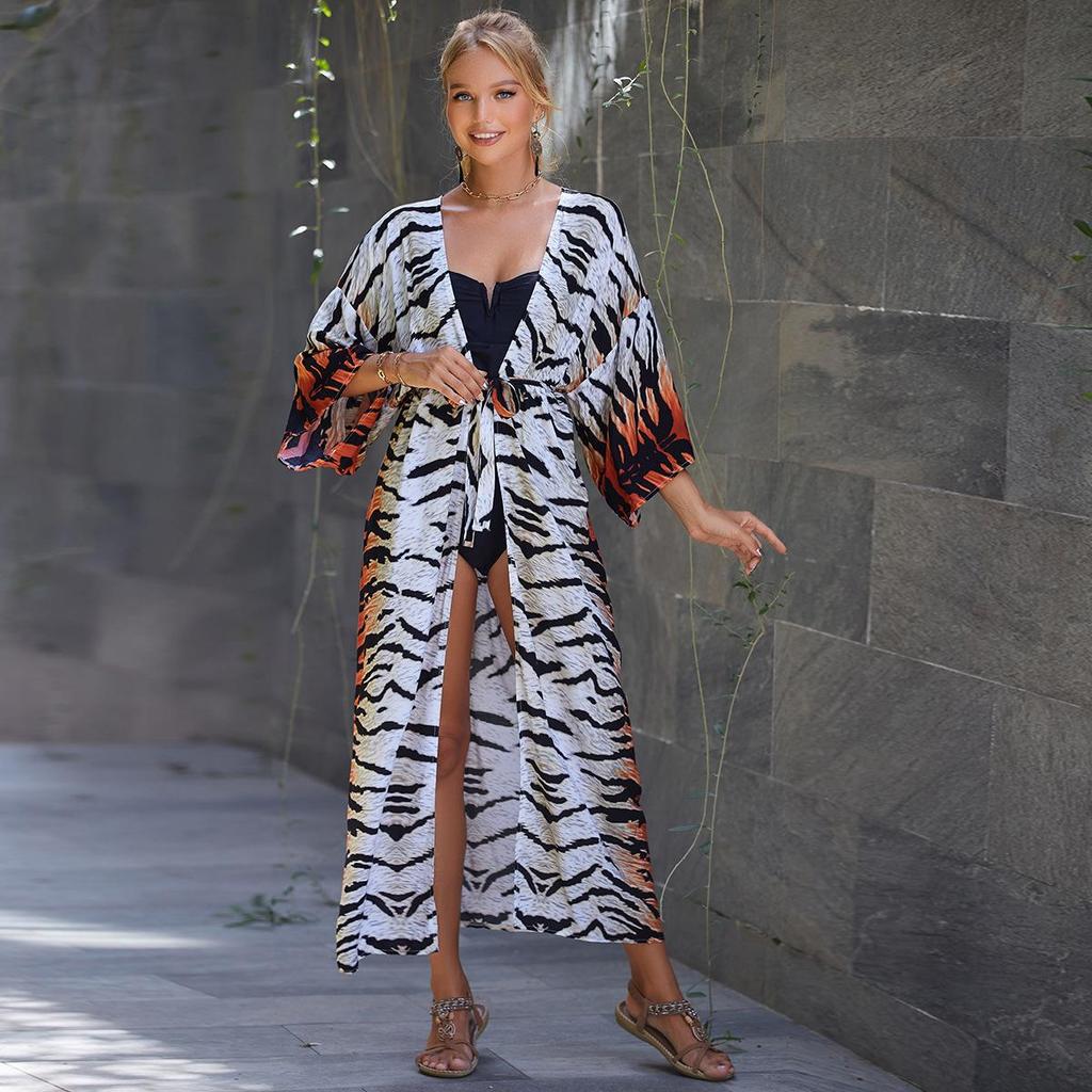 2023 European & American Rayon Waist Tie Beach Cover-up Sun Protection Cardigan for Women - Swimsuit and Bikini Outerwear