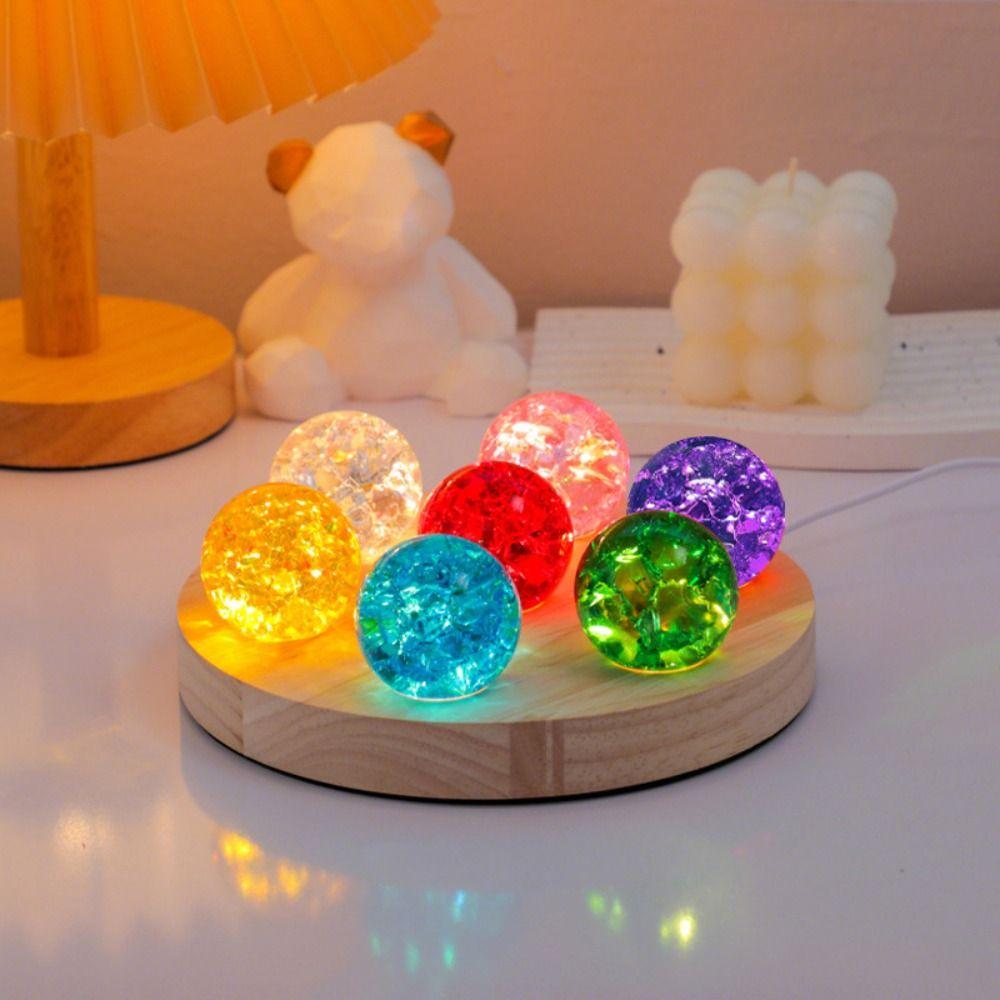 LED Wood Stand Luminous Crystal Ornaments Shiny Glaze Beads Glass Sphere Figurine Home Decoration