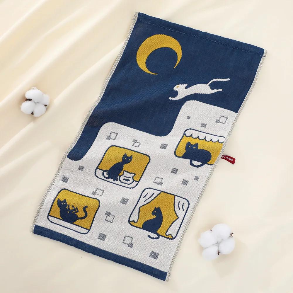 Cartoon Face Towels Hand, Dish Towel, 25*50 cm, Three-layer Cotton Gauze, Cats Print, Kitchen, Bathroom W30*H60(CM)