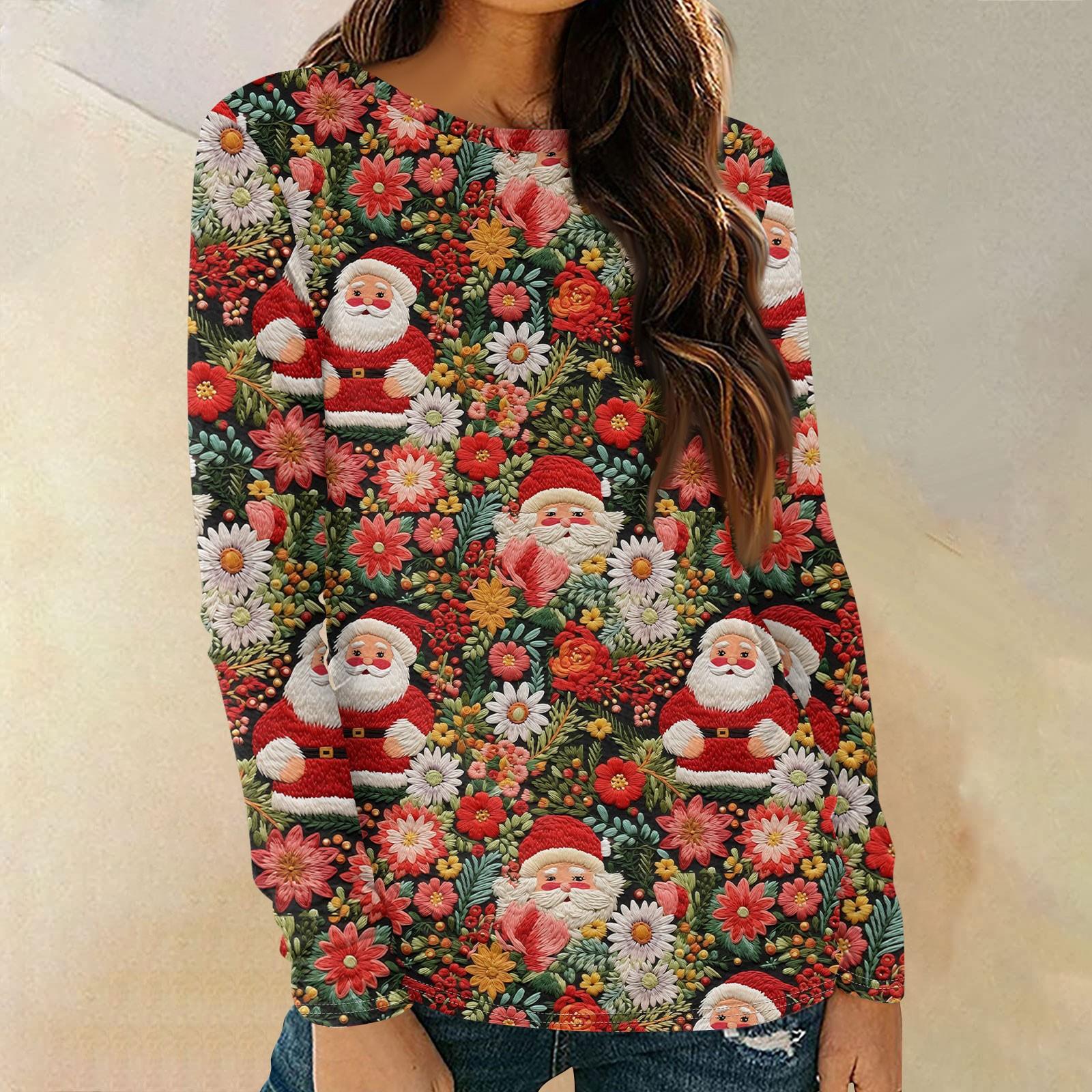 

Женские рубашки с длинным рукавом и круглым вырезом, повседневные топы, туники с рождественским принтом, свободные футболки XL красный