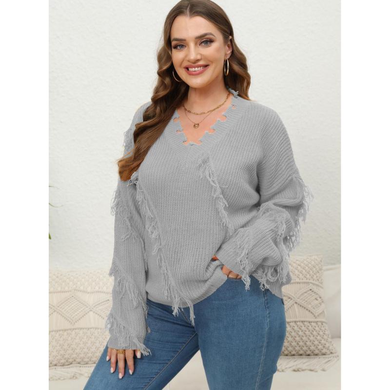Damen Strickpullover Übergröße Damen Herbst und Winter neu V-Ausschnitt Schnurrhaare Quasten Stickerei Pullover