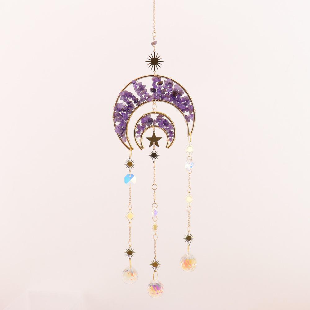 Natural Crystal Moon Pendant Sun Catcher Wind Chime for Home and Garden Decoration