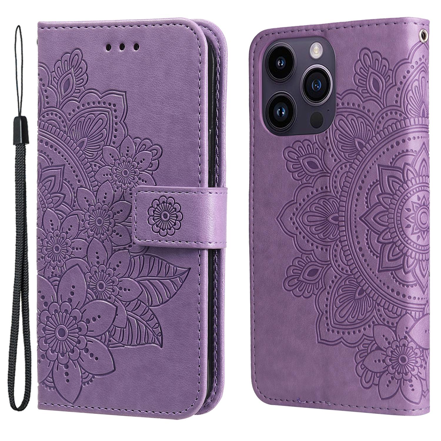 

For iPhone 15 Pro Max Case Floral Pattern PU Leather Wallet Stand Phone Cover Purple