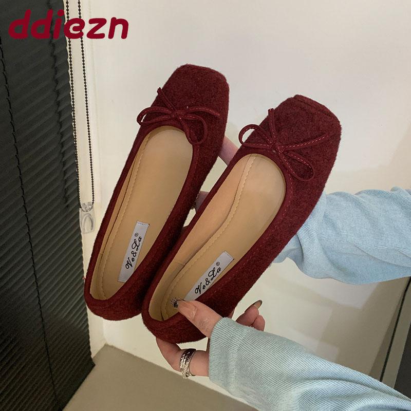 Fashion Female Shallow Footwear Butterfly-Knot Ladies Flats With Shoes Square Toe Fashion Flock Women Flats Slip On Shoes new
