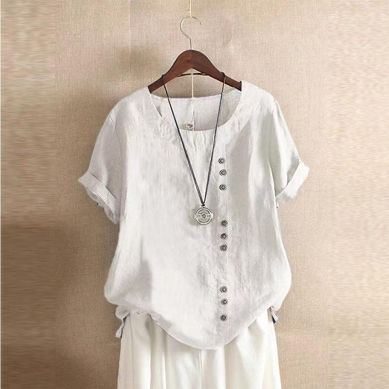 Women s White Linen Blend Blouse With Diagonal Buttons M белый