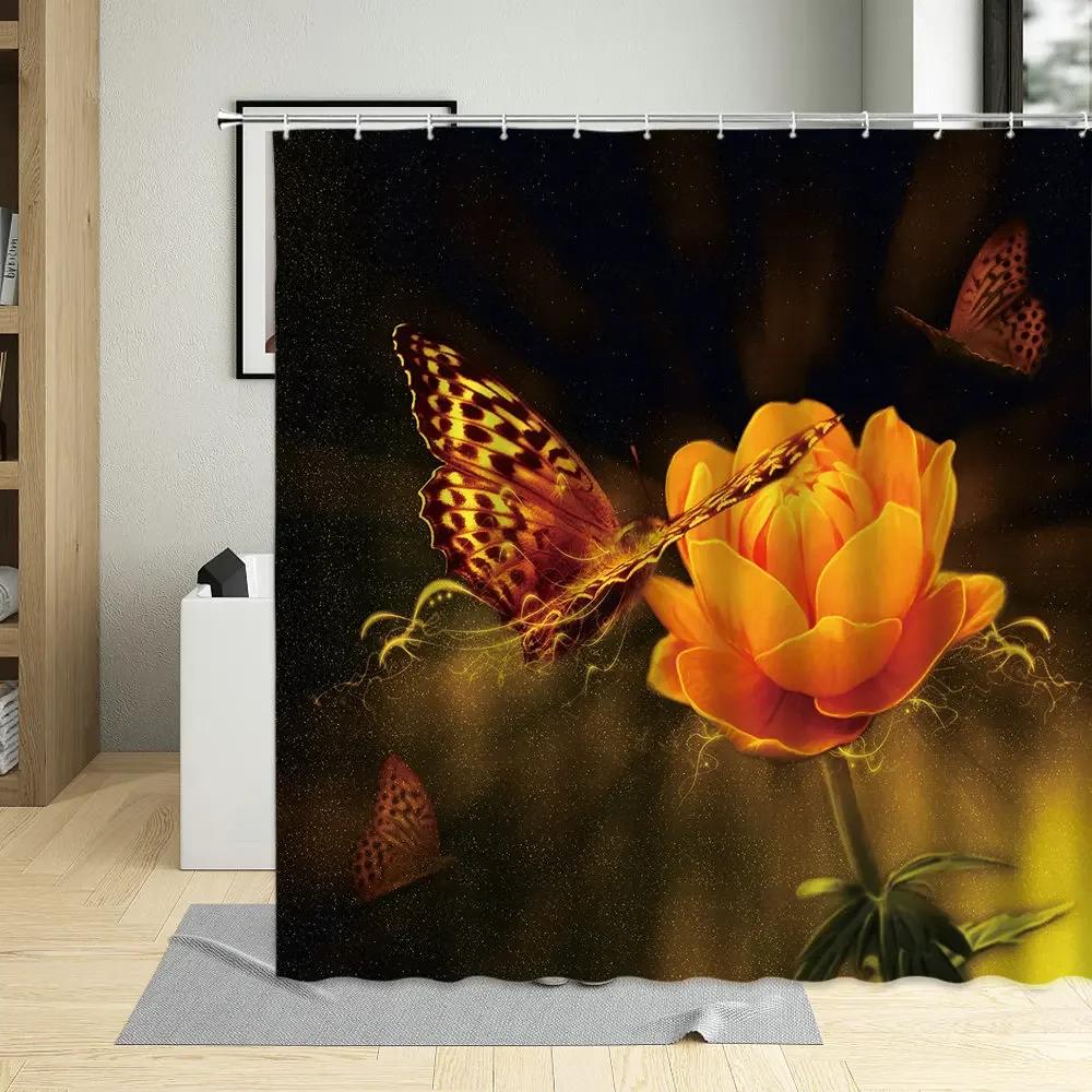 Spring Flowers Butterfly Shower Curtain Daisy Rose Orchid Floral Plant Home Decor Screens Waterproof Bathroom Curtains With Hook