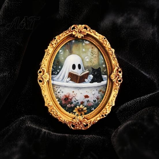 Retro Style Halloween Magnets Vintage Ghost Fridge Magnet, Gold Frame Refrigerator Decoration Holiday Magnet Set with Strong Magnetic Adsorption