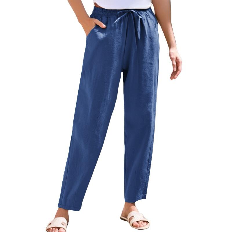 Foreign trade new women's clothing summer pants casual loose drawstring solid color elastic waist cotton and linen women's nine-point pants