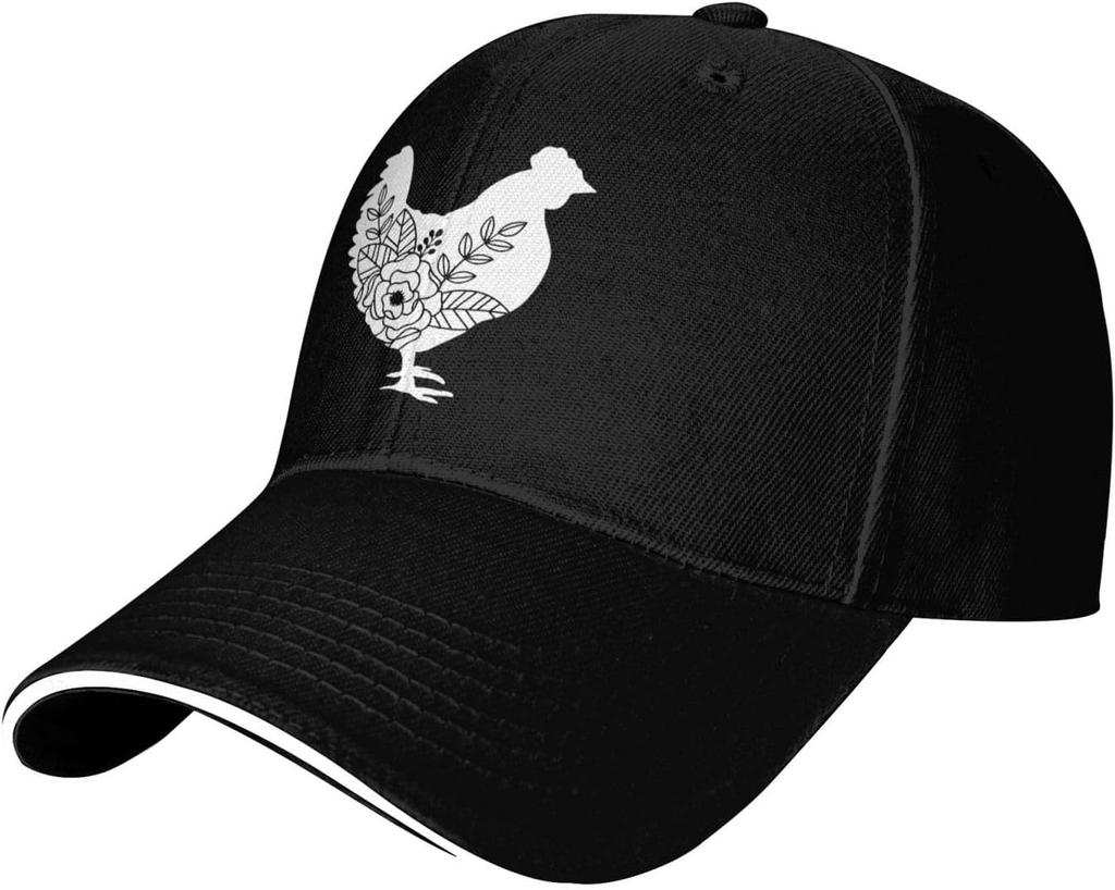 Floral Chicken Silhouette Baseball Cap Polyester Adjustable Casual Sun Hat for Adults