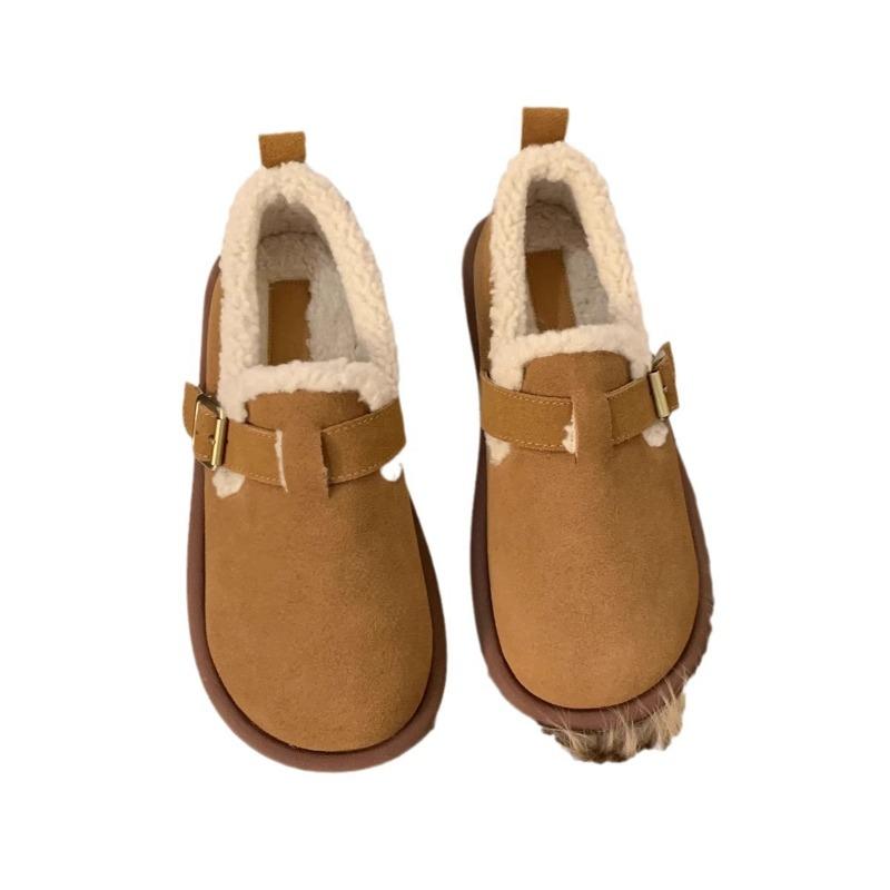 Winter Doudou shoes women's soft leather and velvet outer wear flat-bottomed retro soft-soled Boken big head and one foot cotton shoes