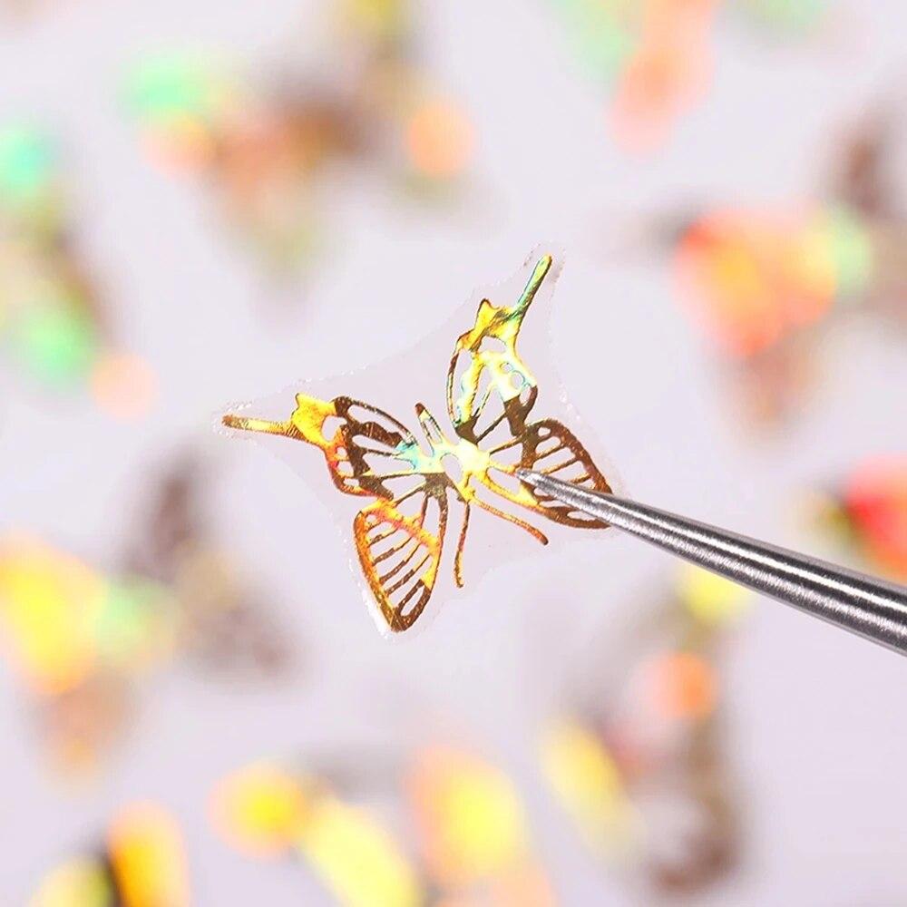 3D Holographic Butterfly Nail Art Stickers Adhesive Gold Silver Laser Foil Nail Decals For Women Girls DIY Manicure Decoration