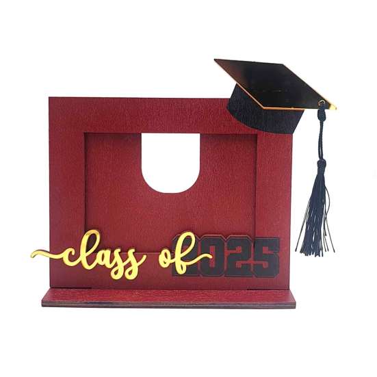 Dřevěný fotorámeček k promoci 2025, fotorámeček na památku s promoční čepicí, dárek pro střední školu a vysokou školu