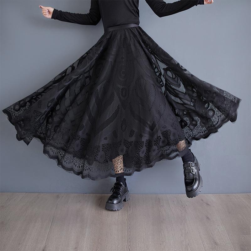 2026 Black Lace Print A-Line Midi Skirt - Elegant & Versatile Fashion for Spring/Autumn One Size