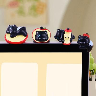 1/4Pcs Fruit Black Cat Figurine Computer Monitor Decoration Cartoon Kitten Statue Sculpture