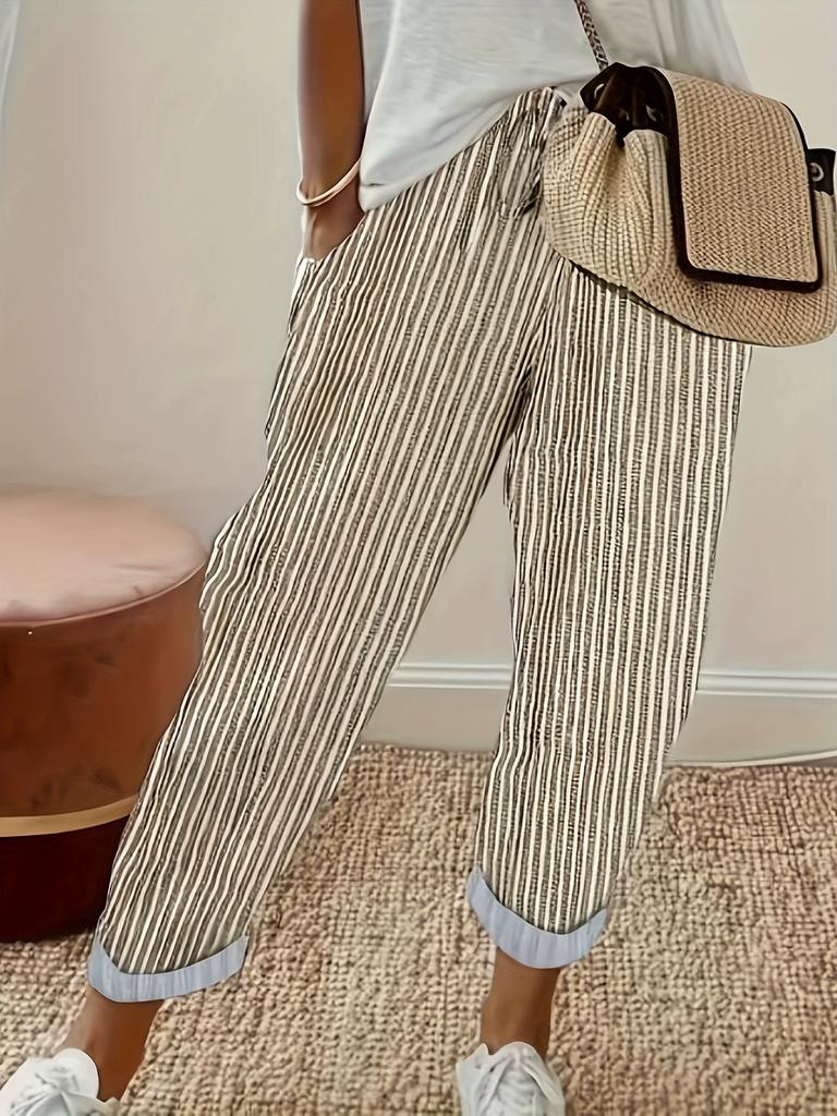 Women's Summer Fashionable Loose Stripe Printed Elastic Waist Drawstring Casual Pants
