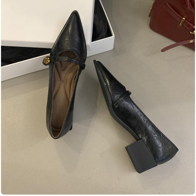 Vintage Low-heeled Women's Shoes Spring/Summer New Style Fashionable Golden Buckle Pointed-toe Comfortable Small Shoes