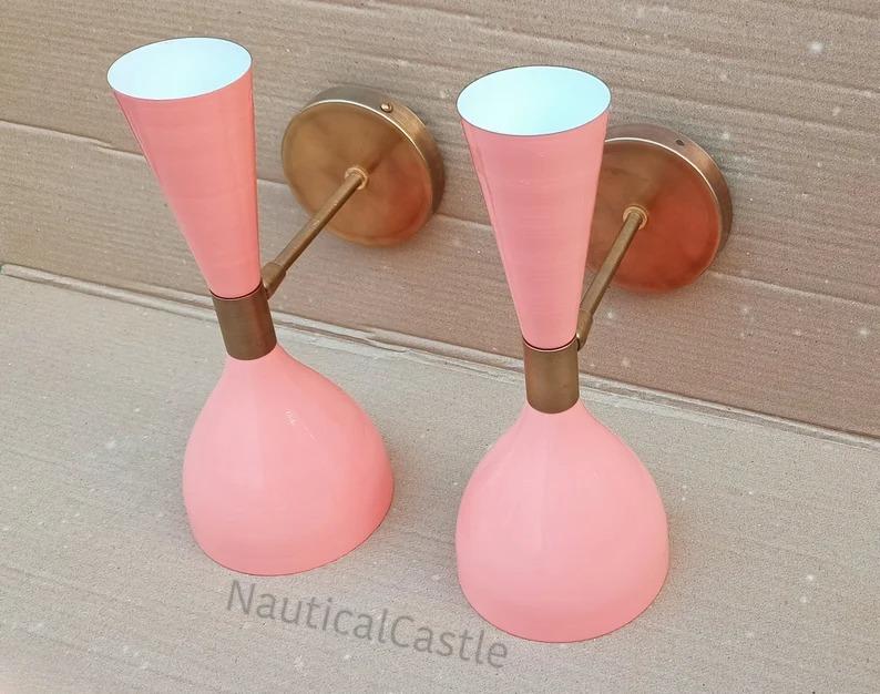 Pink Brass Diabolo Wall Sconce - Mid Century Modern Light (Set of Two)