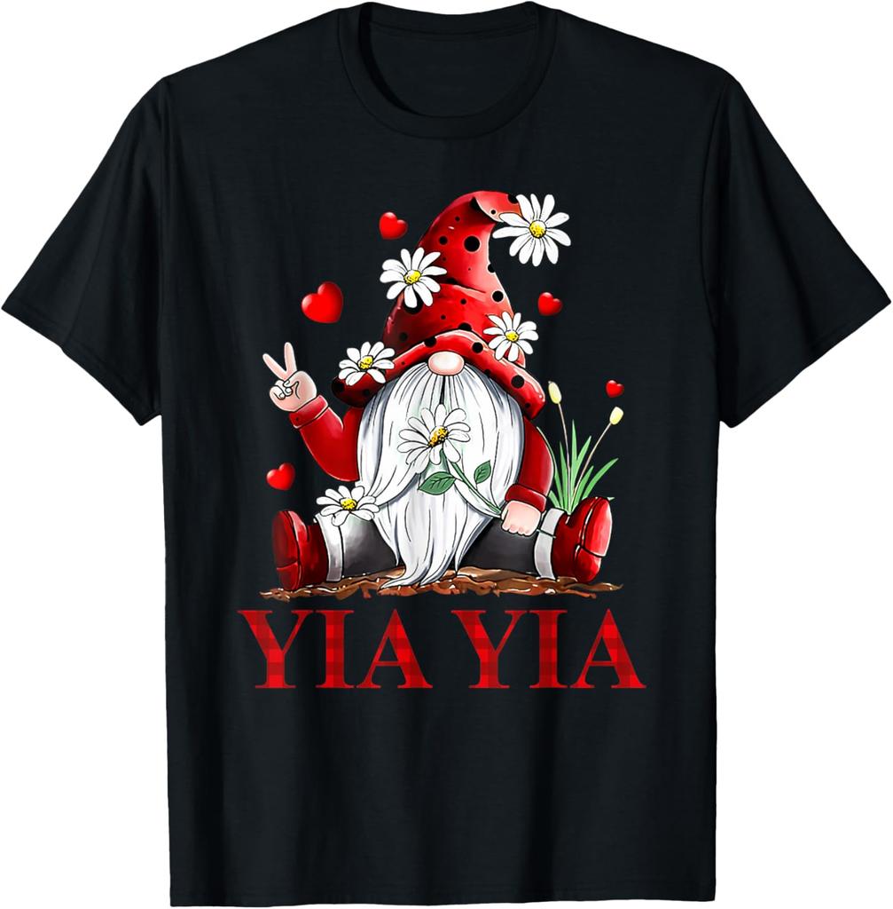 Yia Yia Gnome Daisy Peace Sign Love Valentine Matching Graphic Tee Casual Short Sleeve T-Shirt