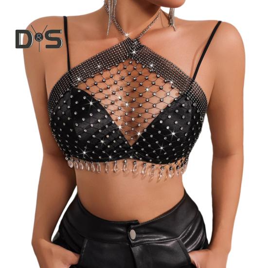 Sexy Halter Top Bez rukávů Bez zad Krátký top Dutá rybí síť Lesklé vsazené kamínky Perspektivní top s krčním páskem