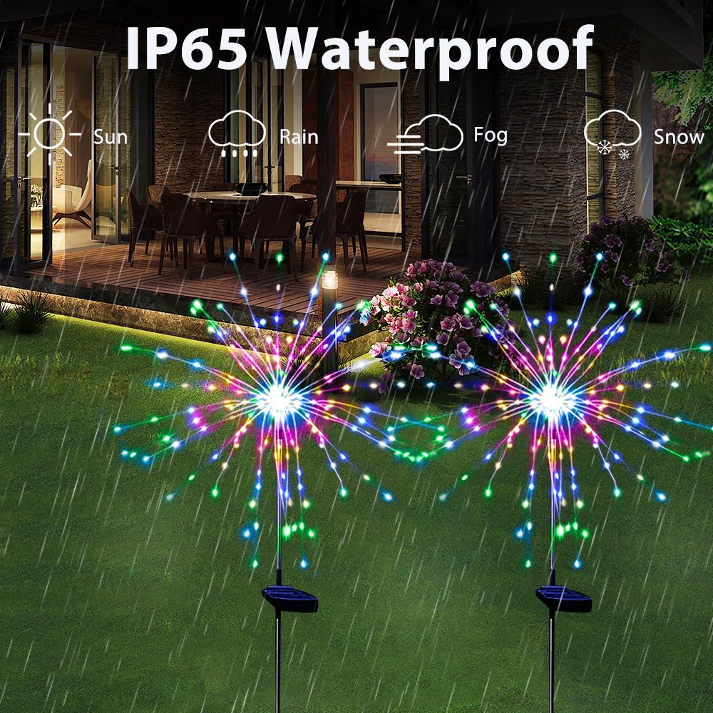 2x Waterproof LED Solar Firework Lights Outdoor, 8 Modes Holiday Lighting Light Garden Decoration Fairy Lamp for Patio Christmas