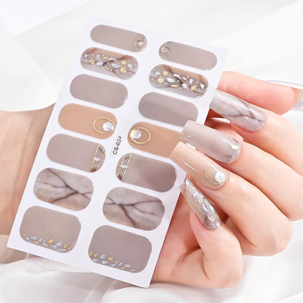 14 Tips/sheet Women Girls Full Cover Self-adhesive Nail Polish Stickers Baking Free Marble, Shell Pattern Nail Wrap Decals Decor