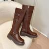 Brown Long Tube Platform Boots Women's Western Cowboy Maillard High Boots Wasteland Round Head Thick Heel