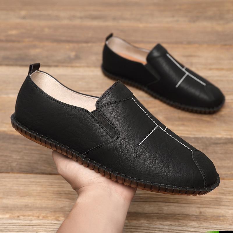 Fashion Summer Men's Handstitched Soft Leather Moccasins Slip-On Business Casual Shoes Flexible Rubber Sole Lightweight Comfort Footwear