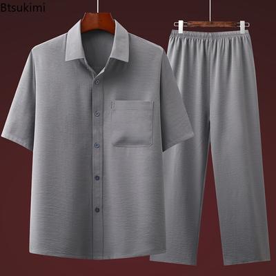 2025 Sommer Herren Eis Seide Freizeitanzüge Vintage Locker Kurzarm Hemden+Hosen 2-teilig Mittelalterliche und Alte Väter All Match Sets