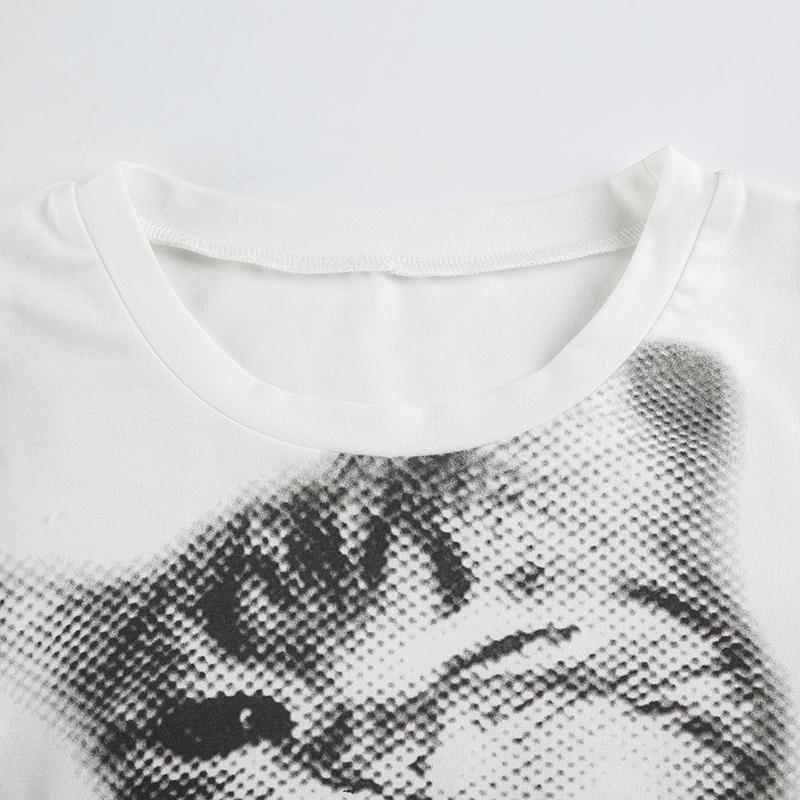 Harajuku Mosaic Cat Print Oříznutý Top Ležérní Základní Trička s dlouhým rukávem Crew Neck Přiléhavá trička Y2K