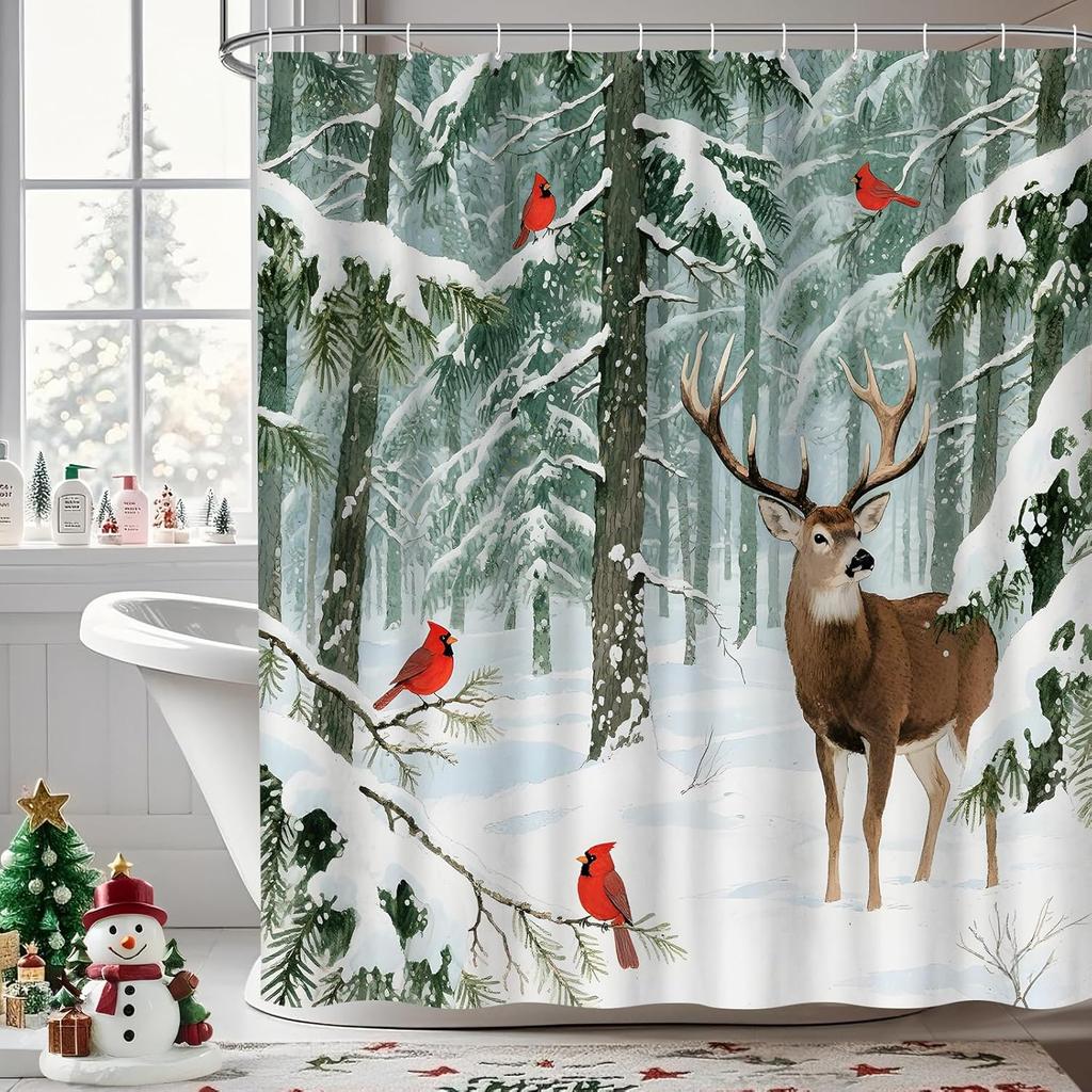 Winter Forest Green Pine Tree Shower Curtain, Winter Nature Scene Xmas Holiday Shower Curtain,Snow Forest Snowy Shower Curtain