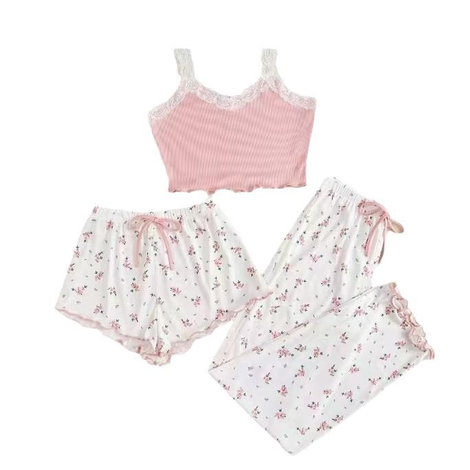 Conjunto de Pijama de Verão Floral de Três Peças para Mulheres - Roupa de Casa Estilosa e Leve