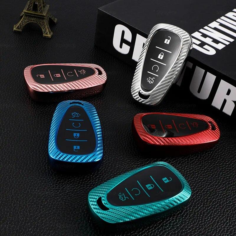 Husa pentru chei de mașină cu model de carbon TPU cu 4 butoane pentru Chevrolet Chevy Malibu Camaro Cruze Traverse Spark Equinox Sonic Volt Bolt
