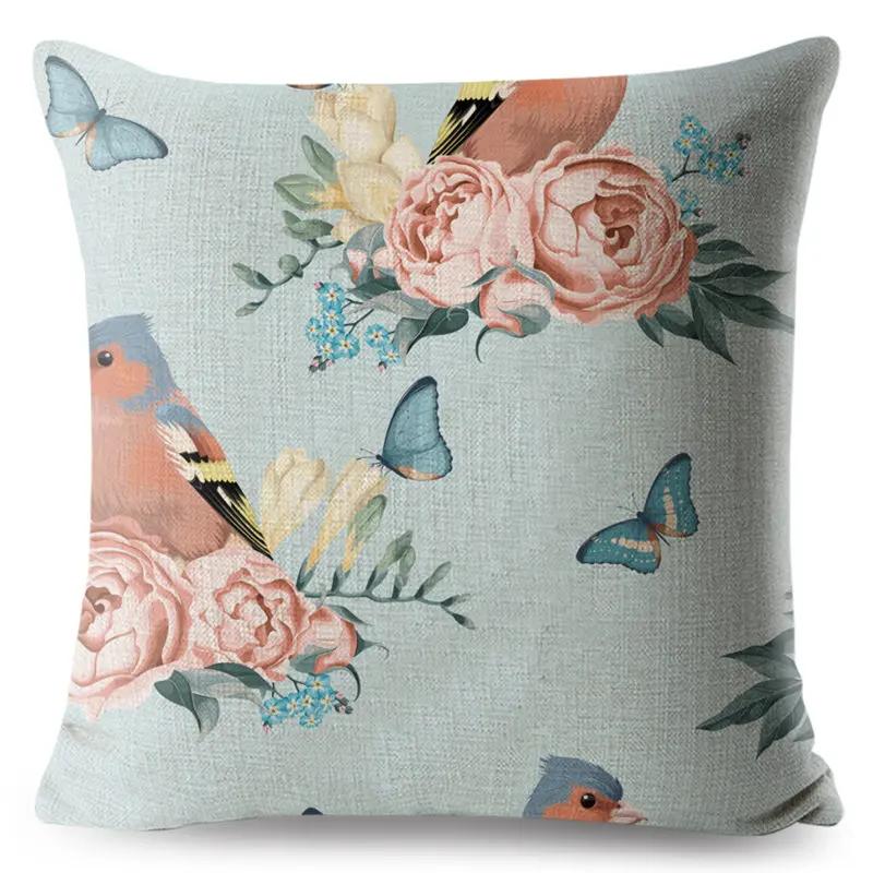 Vintage Flower Pillow Case Decor Blue Painting Flower Bird Pillowcase Polyester Cushion Cover for Sofa Car Home 45x45cm