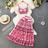 Elegant Porcelain Pattern Two Piece Set Women Flower Print Short Crop Top Pleated Maxi Skirt Suits Female Patchwork Vintage Strap Sets 2024