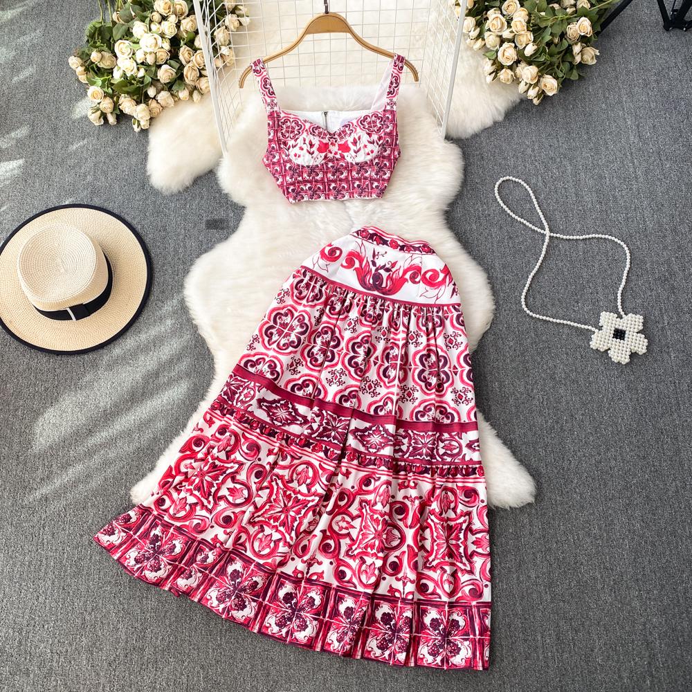 Elegant Porcelain Pattern Two Piece Set Women Flower Print Short Crop Top Pleated Maxi Skirt Suits Female Patchwork Vintage Strap Sets 2024