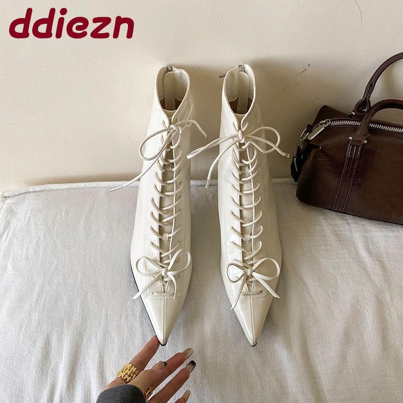 Modă Modă Cu Șireturi Glezna Dama Cizme Moderne Tocuri Subțiri Pantofi Vârf Ascuțit Elegant Femei Cizme Scurte Pantofi cu Tocuri Dama