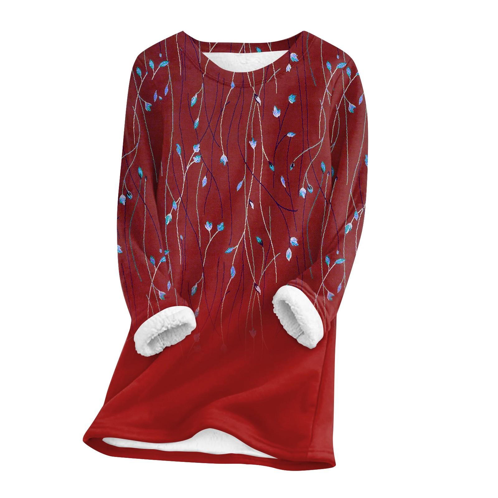 

Женский топ с круглым вырезом и принтом из утолщенного плюша и кашемира, теплый длинный топ XXL винный