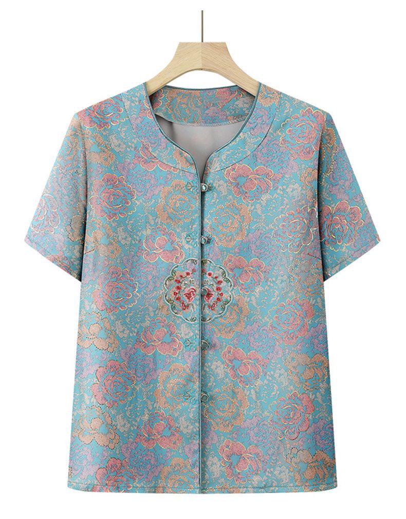 Mom's Chinese Style Summer Top Set: Short-Sleeved Shirt & Two-Piece Outfit for Middle-Aged and Elderly Women
