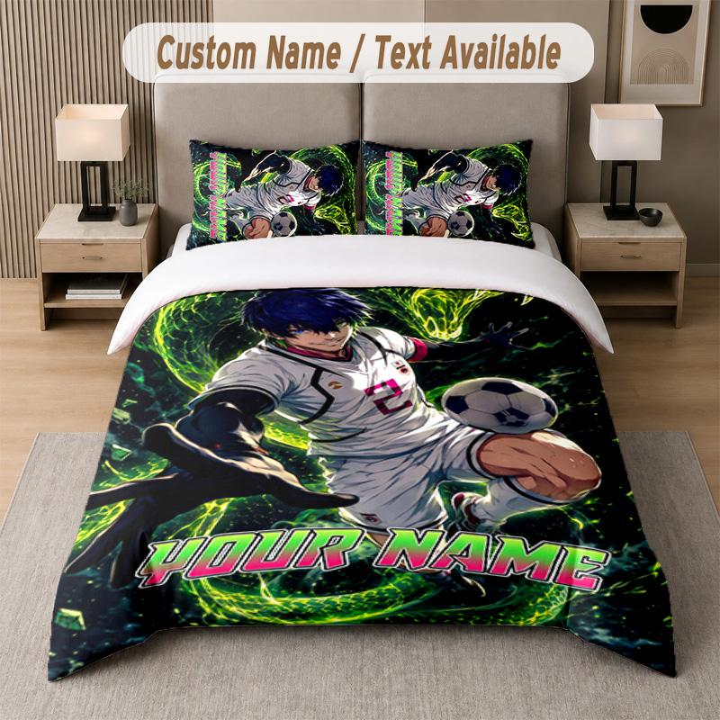 Blue Lock 3Pcs Bedding Set, Personalized Custom Name Text, 1 Duvet Cover & 2 Pillowcases For Bedroom