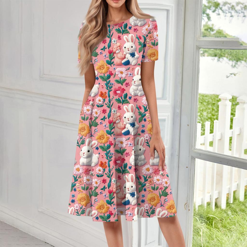 Robe mi-longue imprimée à manches courtes et col rond pour femme, ample, décontractée et tendance