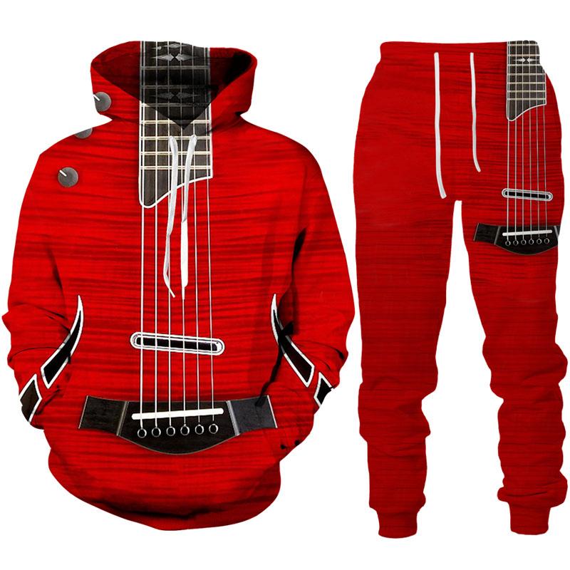 Morsom gitarkunst for menn 3D-trykk Hettegensere/bukser/dress Harajuku Vintage par treningsdresssett Personlighet Hip Hop Streetwear-klær