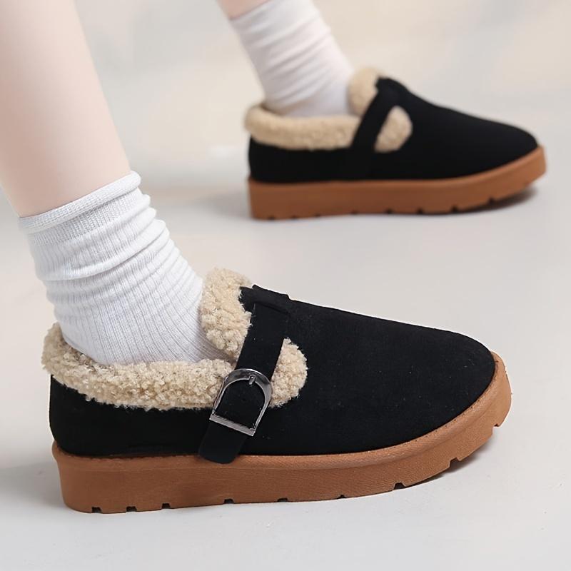 Cozy Fleece-Lined Ankle Boots - Women's Casual Mid Heel Platform Shoes - Round Toe Fabric Upper, Rubber Sole for Winter Warmth with Buckle Closure
