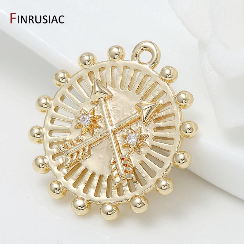 

5 Types New Design Charms Pendants For Jewelry Making,14K Gold Plated Brass Zircon Round Commemorative Coin Pendant Charm