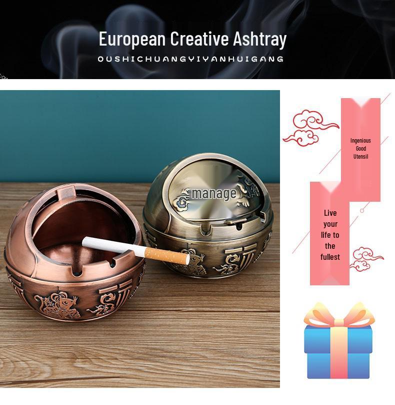 European Style Ashtray with Lid: Trendy, Drop-Proof, Anti-Fly Ash, Odor-Resistant, Luxury Living Room Decor.
