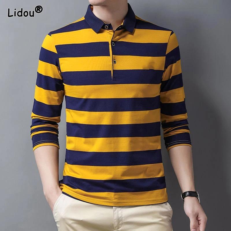 

Spring and Autumn Men s 2023 Pullover Polo Collar New Spliced Button Stripe Fashion Casual Commuter Versatile Long Sleeved Tops L жёлтый